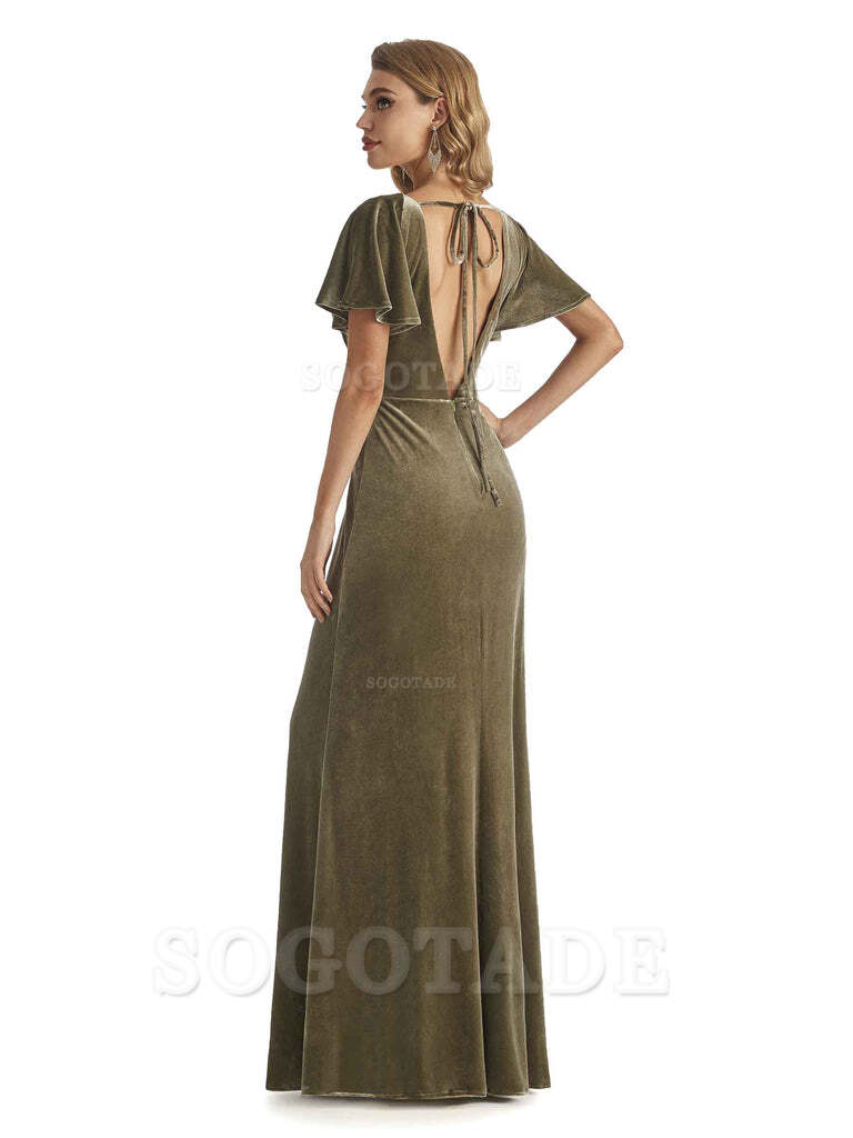 Elegant Mermaid V-neck Short Sleeves Unique Velvet Long Bridesmaid Dresses