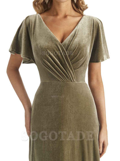 Elegant Mermaid V-neck Short Sleeves Unique Velvet Long Bridesmaid Dresses