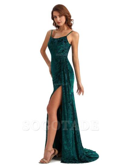 Sexy Side Slit Spaghetti Straps Mermaid Floral Velvet Long Wedding Guest Dresses