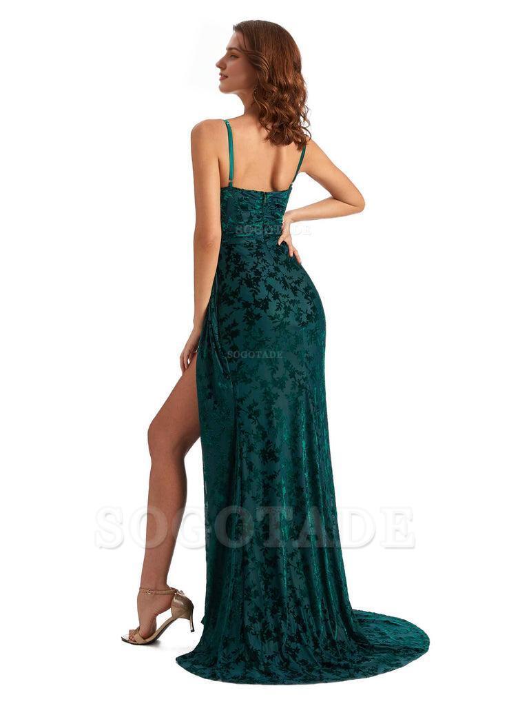 Sexy Side Slit Spaghetti Straps Mermaid Floral Velvet Long Wedding Guest Dresses