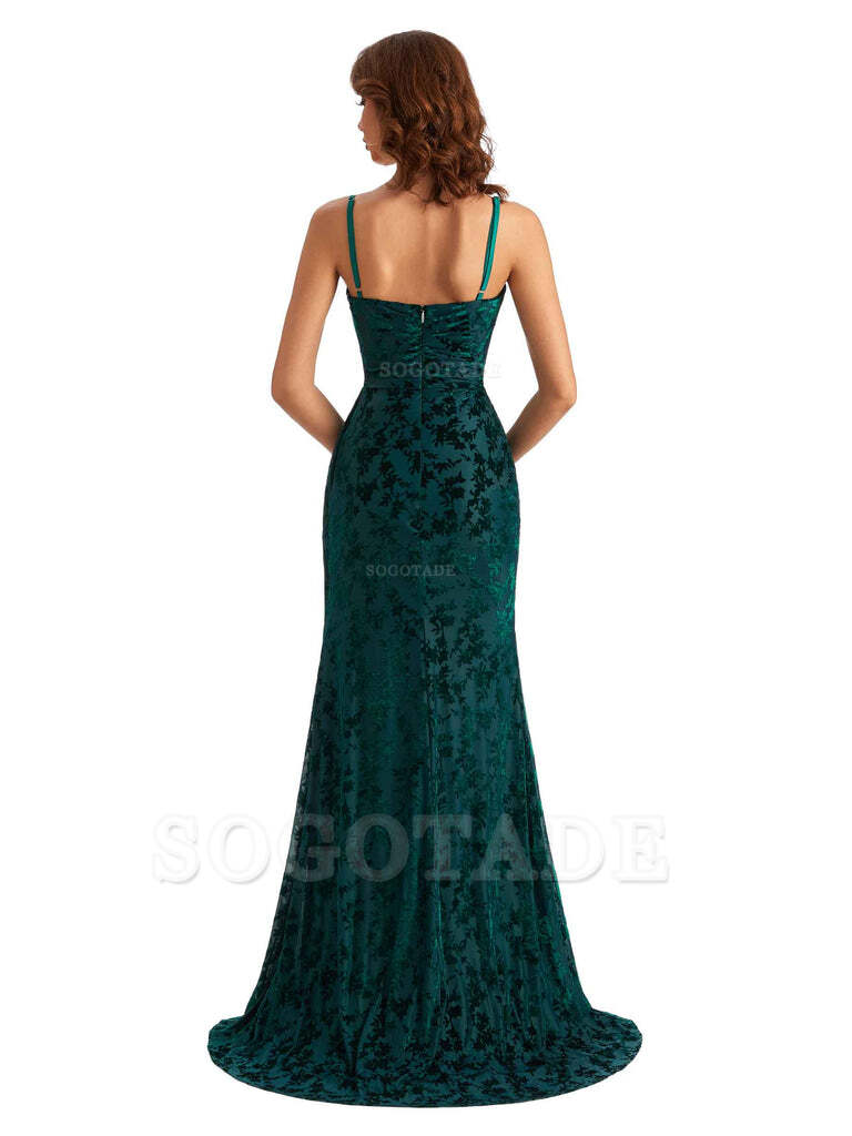 Sexy Side Slit Spaghetti Straps Mermaid Floral Velvet Long Wedding Guest Dresses