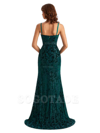 Sexy Side Slit Spaghetti Straps Mermaid Floral Velvet Long Wedding Guest Dresses