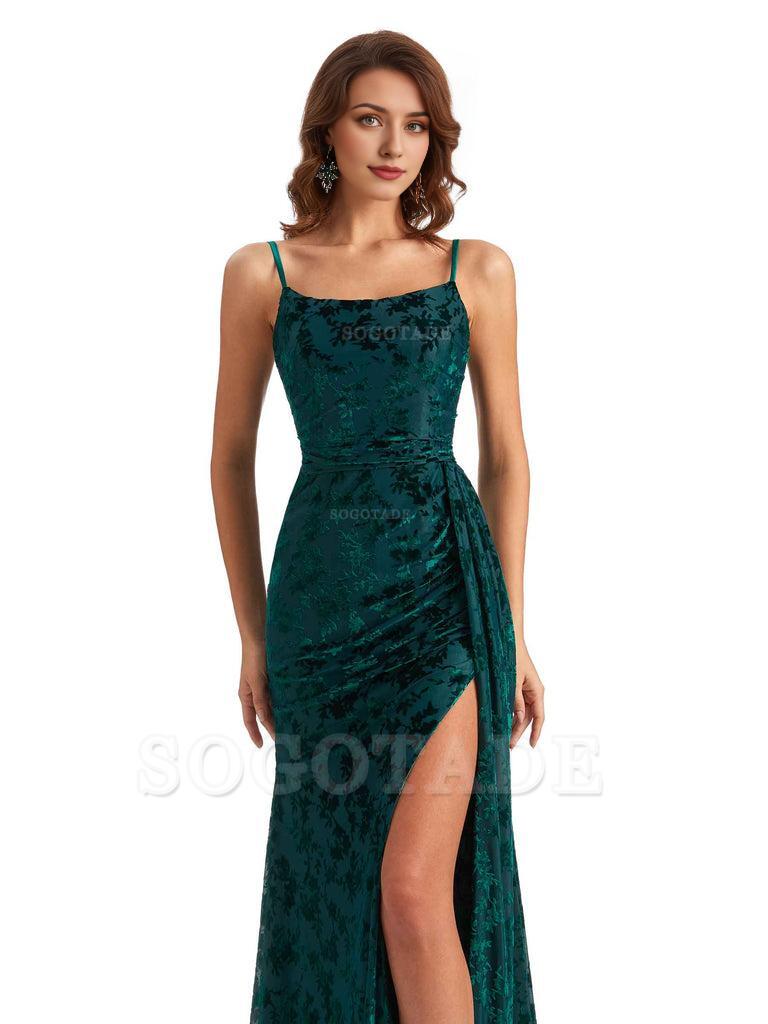 Sexy Side Slit Spaghetti Straps Mermaid Floral Velvet Long Wedding Guest Dresses