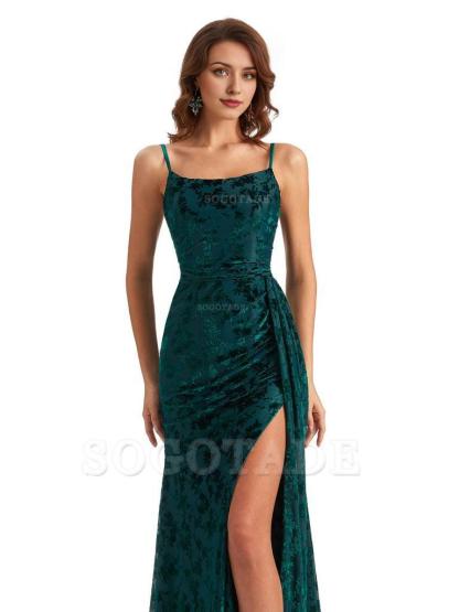 Sexy Side Slit Spaghetti Straps Mermaid Floral Velvet Long Wedding Guest Dresses