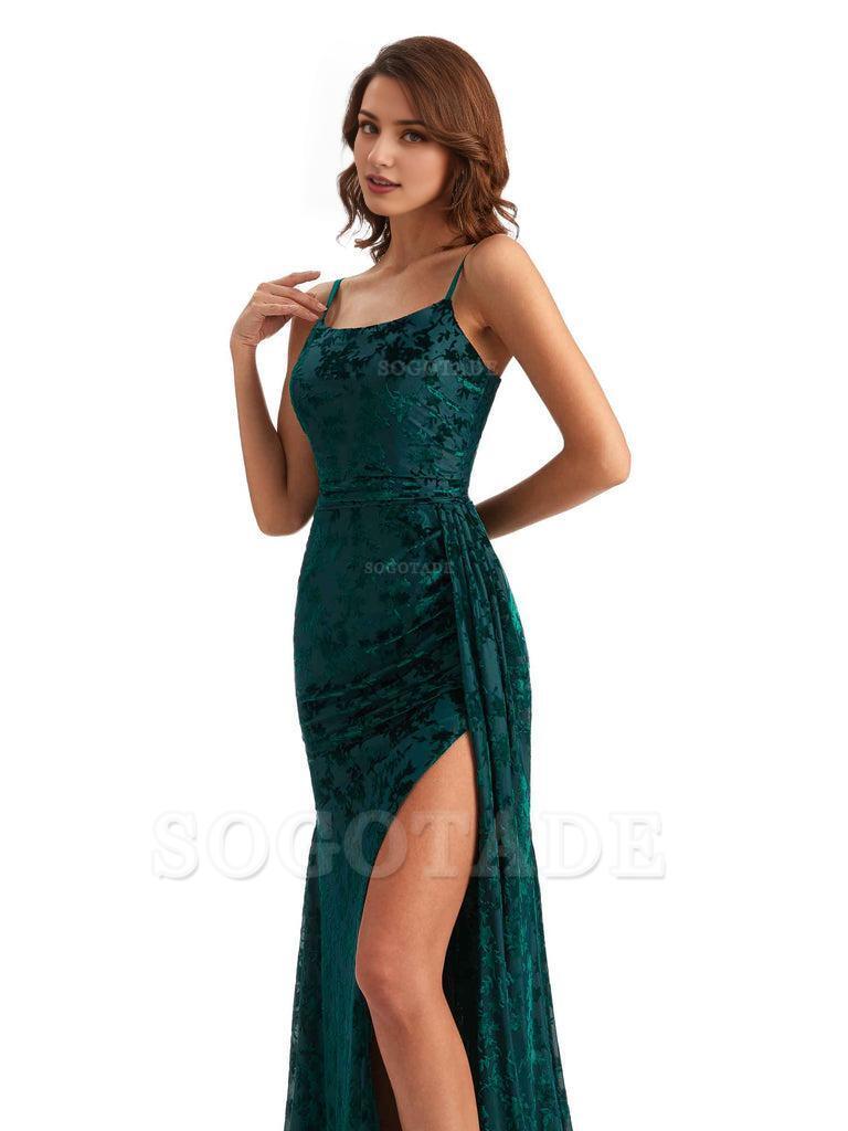 Sexy Side Slit Spaghetti Straps Mermaid Floral Velvet Long Wedding Guest Dresses