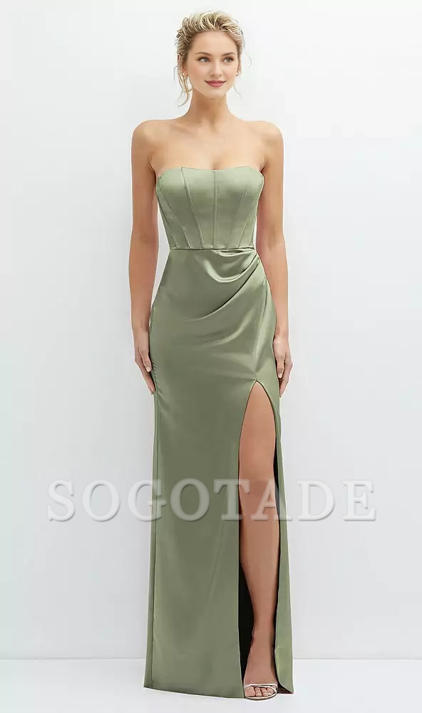 Strapless open seam tight corset satin Prom dress