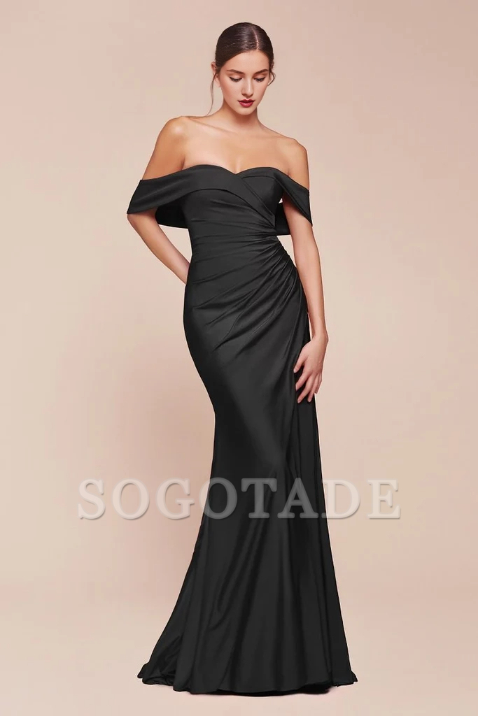 Off shoulder satin side slits and floor length godons evening dresses