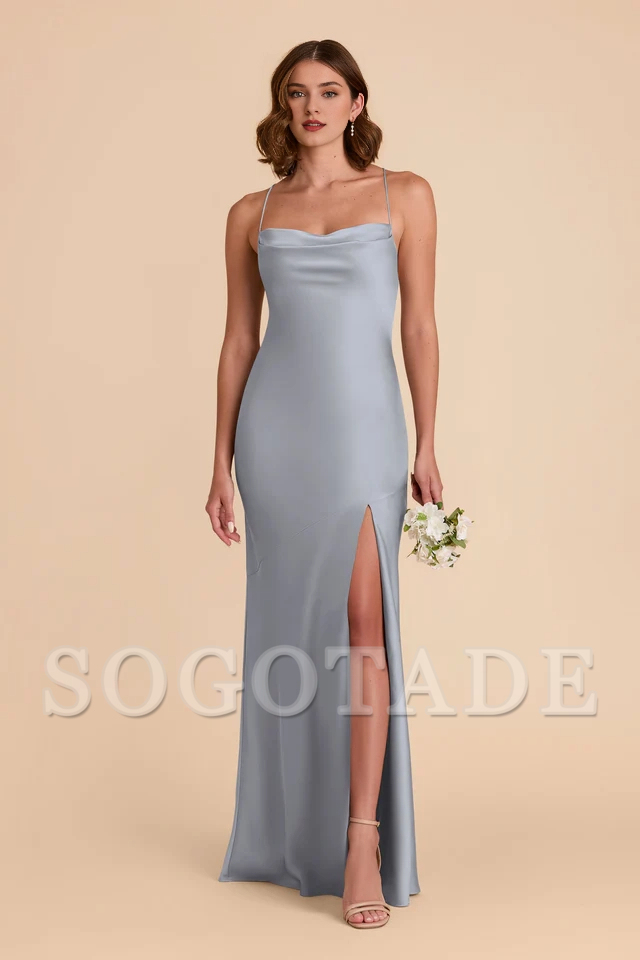 A-line neck hanging thin shoulder strap scarf with slit bridesmaid dress