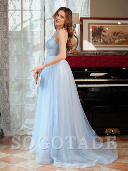 A-line princess thin shoulder strap slit sleeveless long ball gown