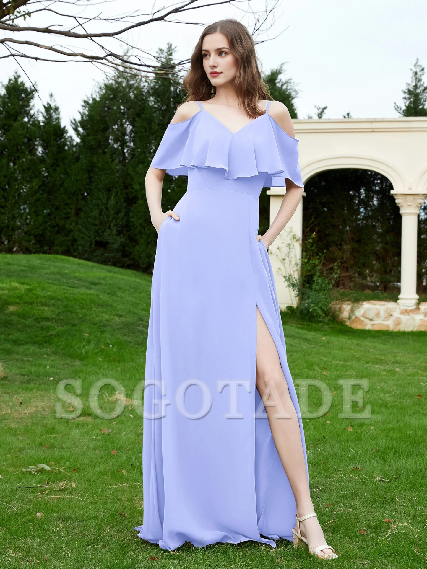 V-neck ruffled chiffon A-line dress