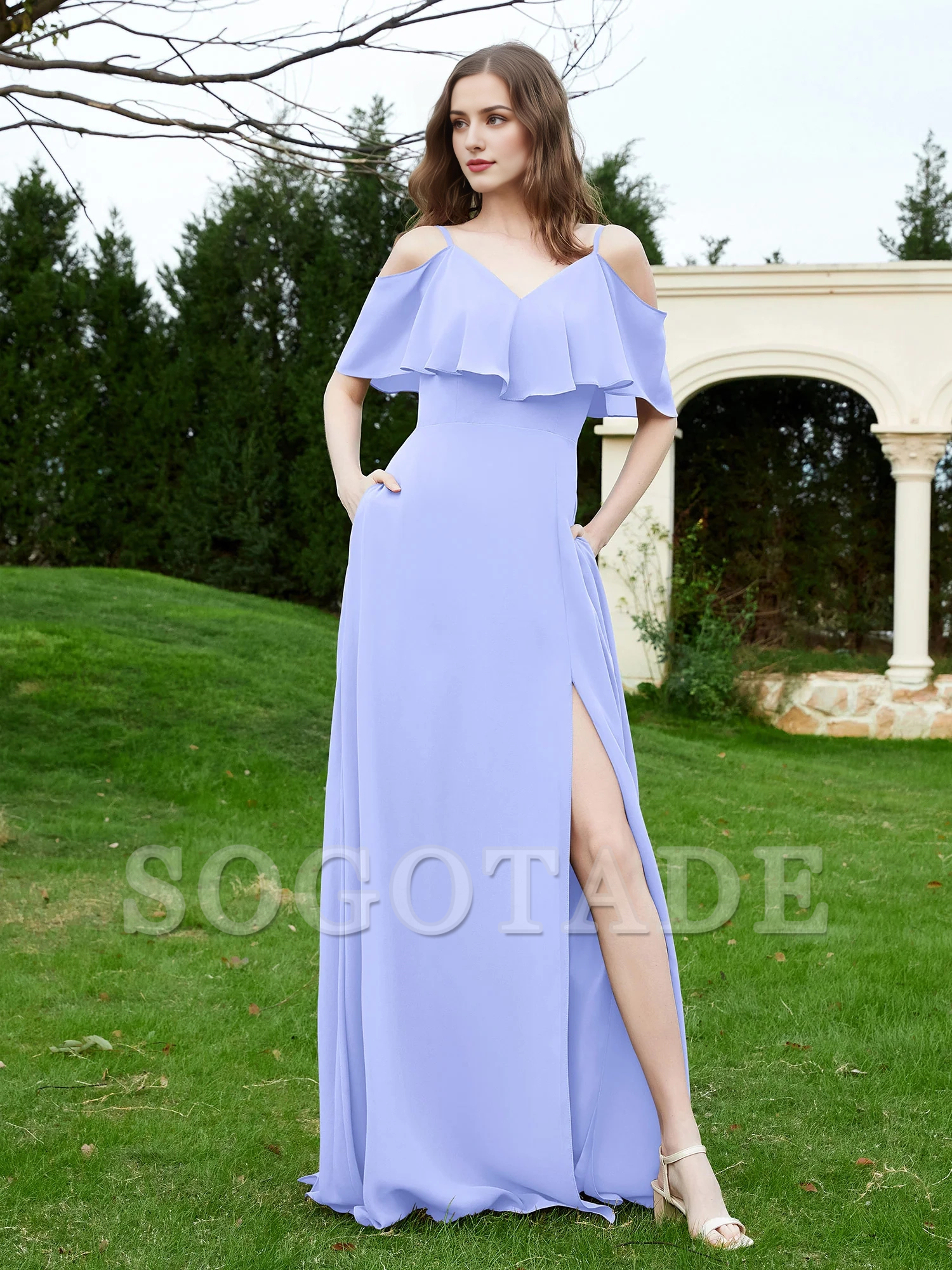 V-neck ruffled chiffon A-line dress