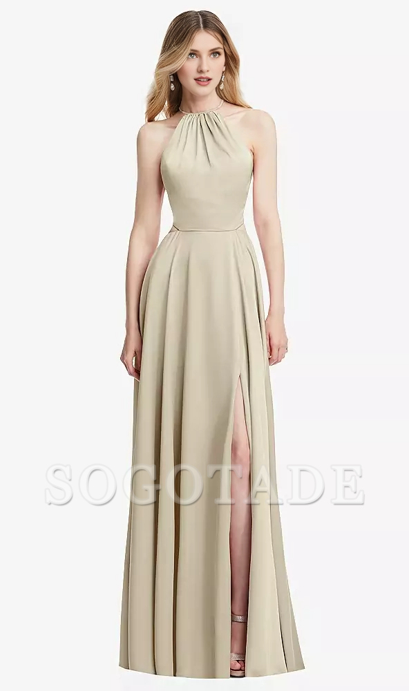 Hanging neck cross strap pleated back strap hollowed out long Prom dress