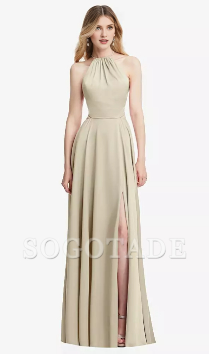 Hanging neck cross strap pleated back strap hollowed out long Prom dress