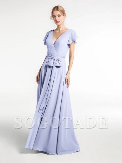 V-neck hooded sleeve self bow chiffon dress