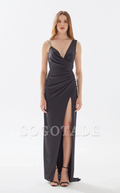 V-neck asymmetrical shoulder strap wrap and floor length evening dress
