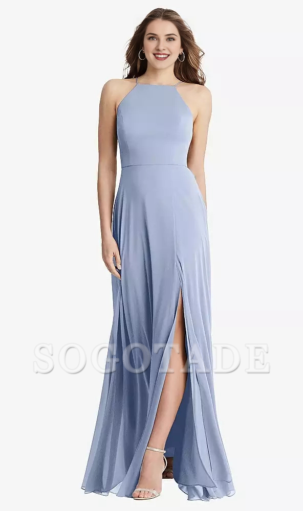 Front slit high neck chiffon long Prom dress