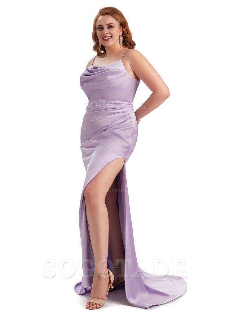 Sexy Jewel Side Slit Mermaid Soft Satin Long Plus Size Bridesmaid Dress For Wedding