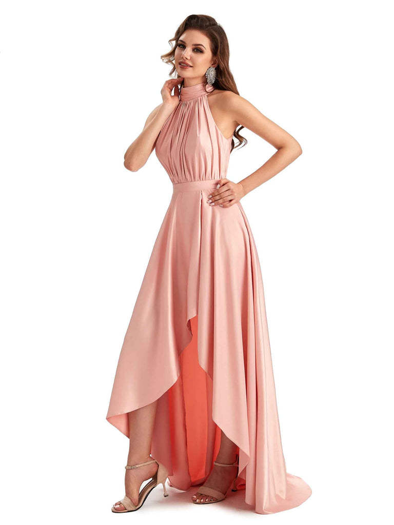 Soft Satin High Neck High Low A-Line Unique Bridesmaid Dresses Online