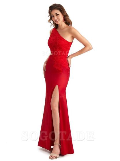 Sexy Side Slit Mermaid Lace Silky Satin One Shoulder Chic Long Bridesmaid Dresses