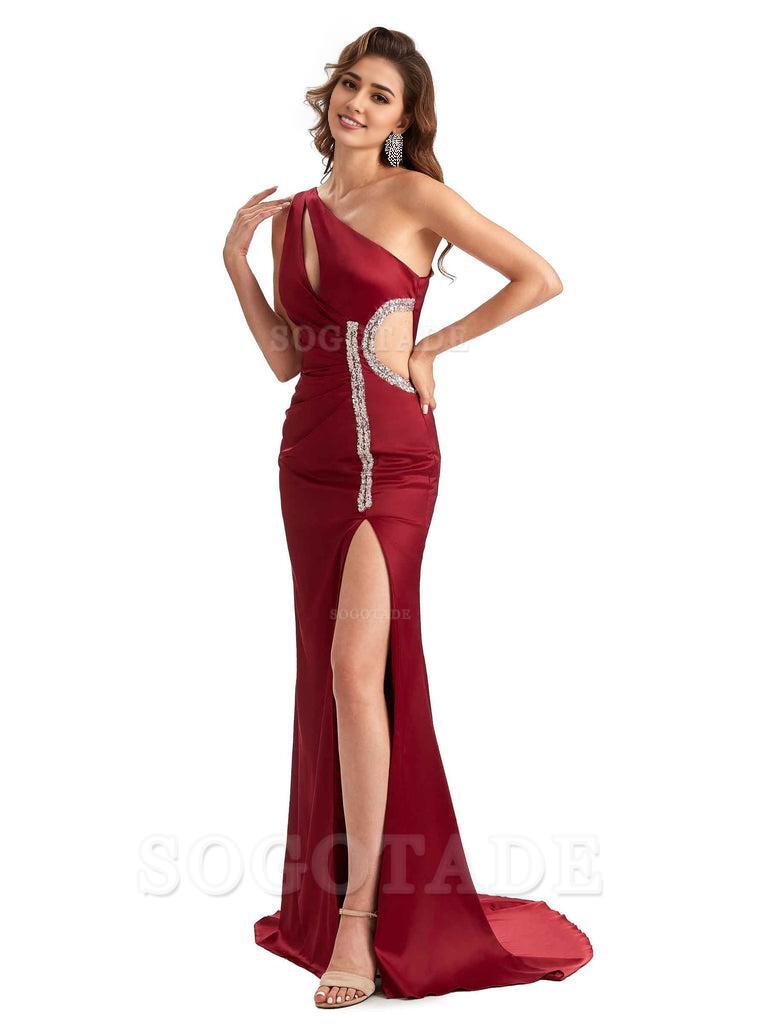 Sexy Side Slit Mermaid Soft Satin One Shoulder Lace Long Bridesmaid Dresses