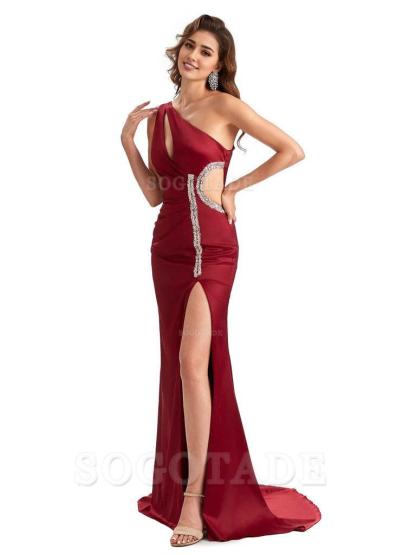 Sexy Side Slit Mermaid Soft Satin One Shoulder Lace Long Bridesmaid Dresses