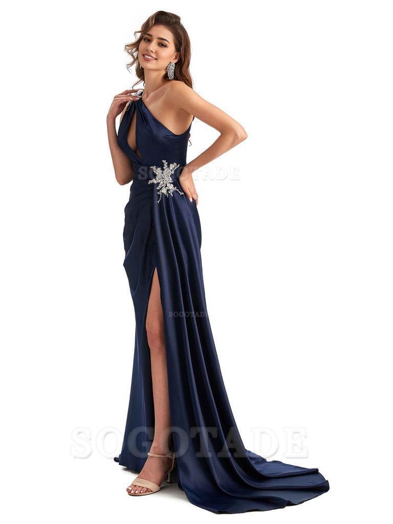 Sexy Side Slit Mermaid Soft Satin One Shoulder Lace Long Modern Bridesmaid Dresses
