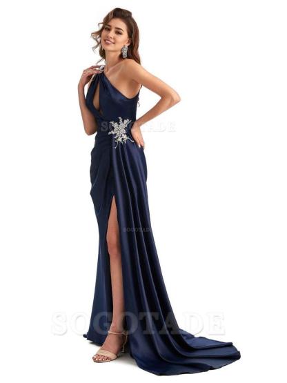 Sexy Side Slit Mermaid Soft Satin One Shoulder Lace Long Modern Bridesmaid Dresses