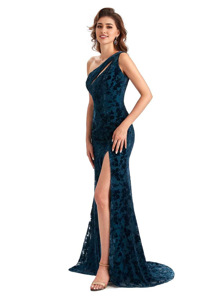 Elegant One Shoulder Mermaid Side Slit Floral Velvet Unique Long Bridesmaid Dresses