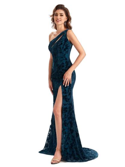Elegant One Shoulder Mermaid Side Slit Floral Velvet Unique Long Bridesmaid Dresses