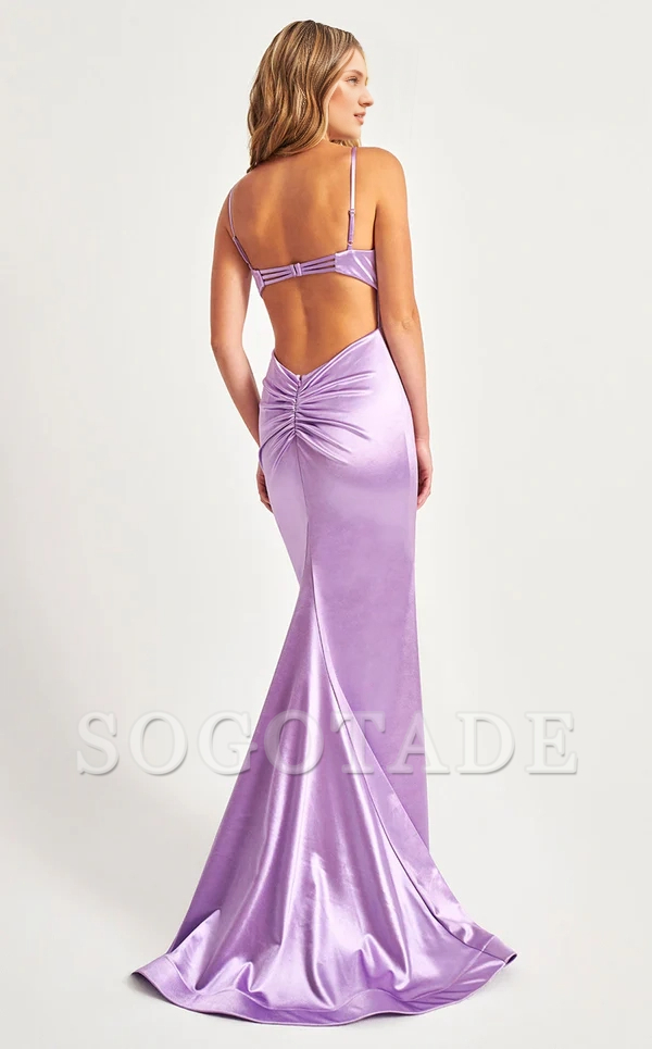 Mermaid V collar with pleated neckline, backless satin side slit and floor length Prom dress