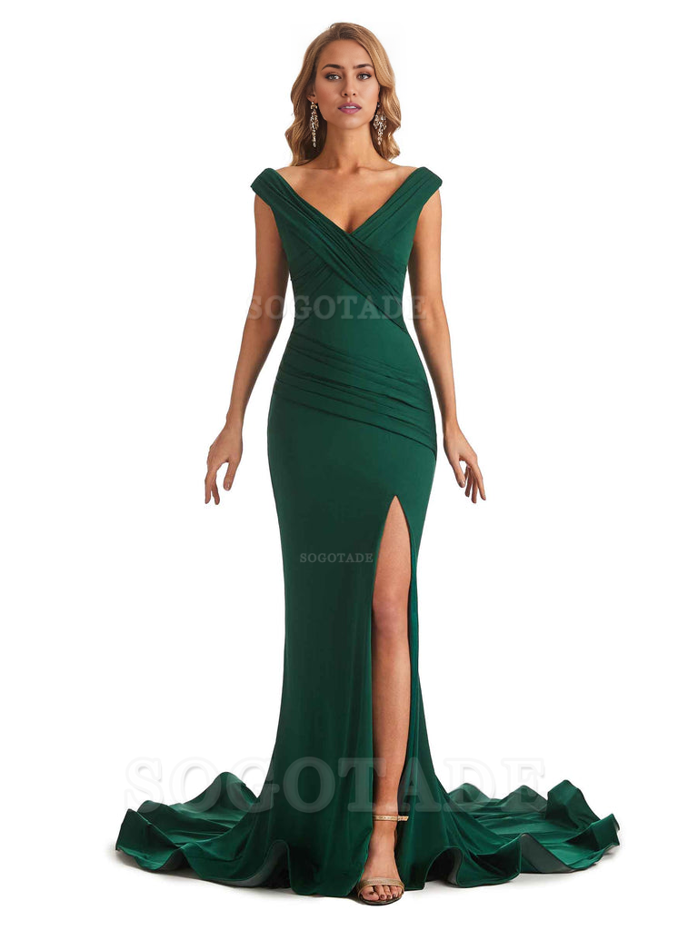 Sexy Mermaid V-Neck Off The Shoulder Side Fork Long Fashion Bridesmaid Dresses Formal Women's Dresses Wedding Guests Dresses
