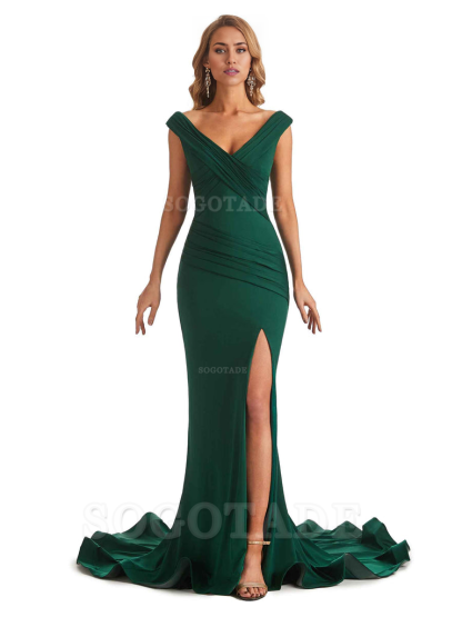 Sexy Mermaid V-Neck Off The Shoulder Side Fork Long Fashion Bridesmaid Dresses Formal Women's Dresses Wedding Guests Dresses