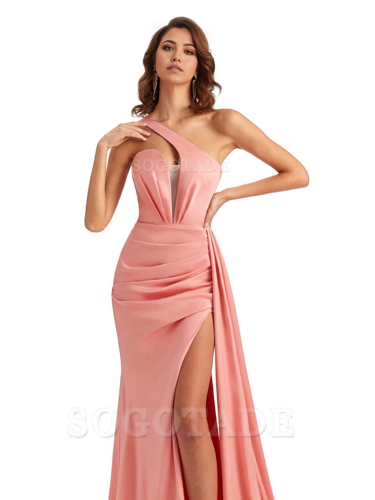 Mermaid One Shoulder Satin formal dresses evening gown Bridesmaid Dresses With Side Slit