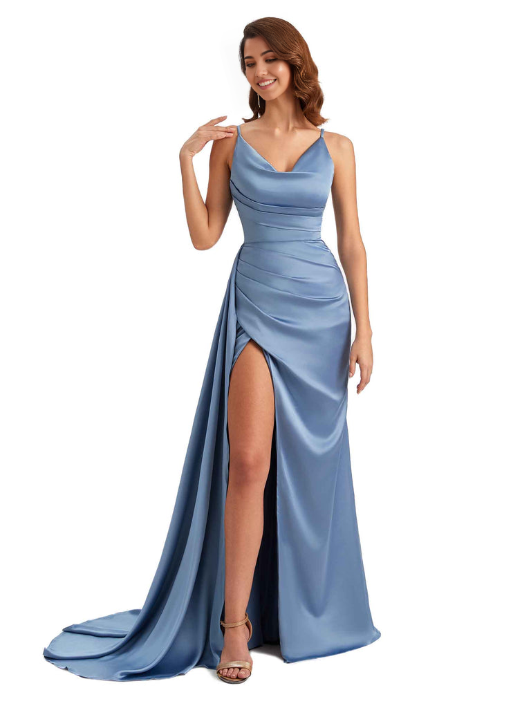 Mermaid Cowl Spaghetti Satin formal dresses evening gown Bridesmaid Dresses With Side Slit