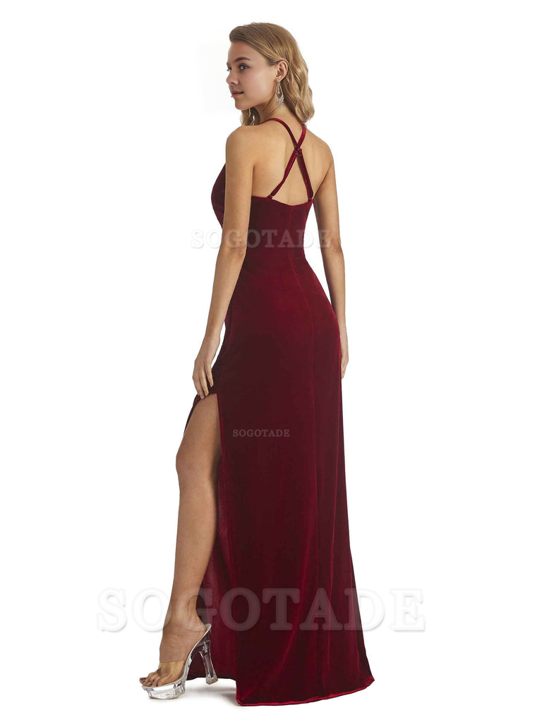 Elegant V-Neck Halter Backless Mermaid Velvet Long Wedding Party Dresses Bridesmaid Dresses Formal Women's Dresses Wedding Guests Dresses