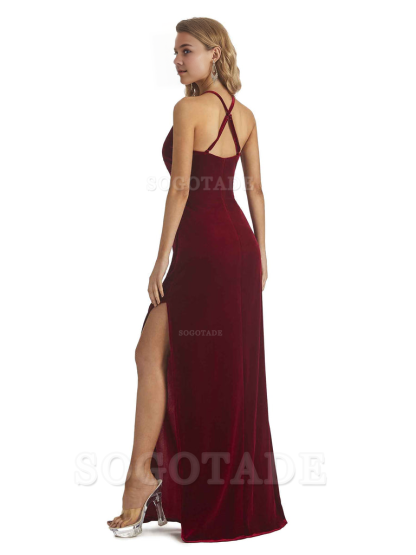 Elegant V-Neck Halter Backless Mermaid Velvet Long Wedding Party Dresses Bridesmaid Dresses Formal Women's Dresses Wedding Guests Dresses