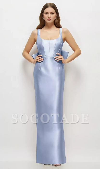 Bow low round neck tight corset satin and floor length bridesmaid dress