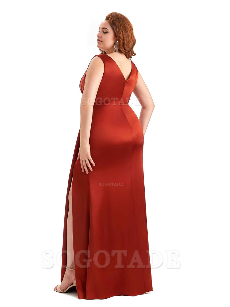 Mermaid V-Neck Satin formal dresses evening gown Bridesmaid Dresses With Side Slit 