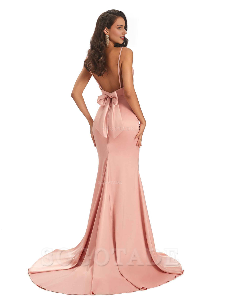 Sexy Backles Soft Satin Spaghetti Straps Maxi Mermaid Bridesmaid Dresses Online prom shop dresses