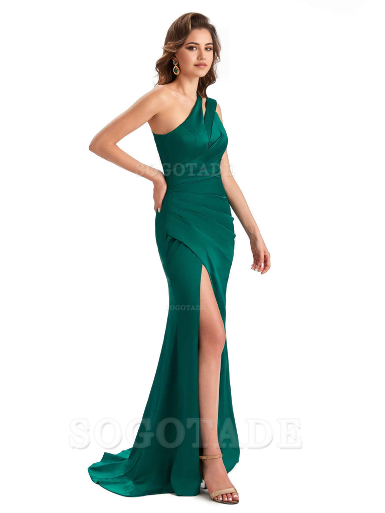 Mermaid One Shoulder Satin Sexy formal dresses evening gown Bridesmaid Dresses With Side Slit 