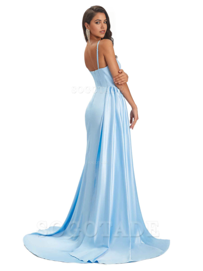 Spaghetti Straps Floor-Length Satin formal dresses evening gown Bridesmaid Dresses With Side Slit 