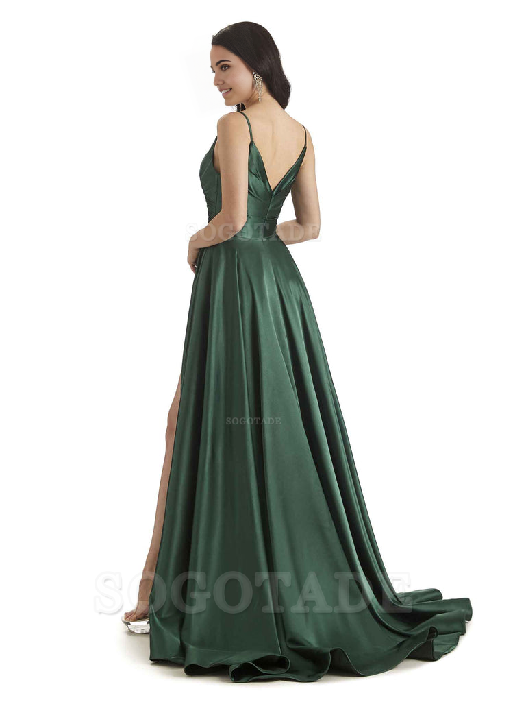 Spaghetti Straps Satin formal dresses evening gown Bridesmaid Dresses With Side Slit 