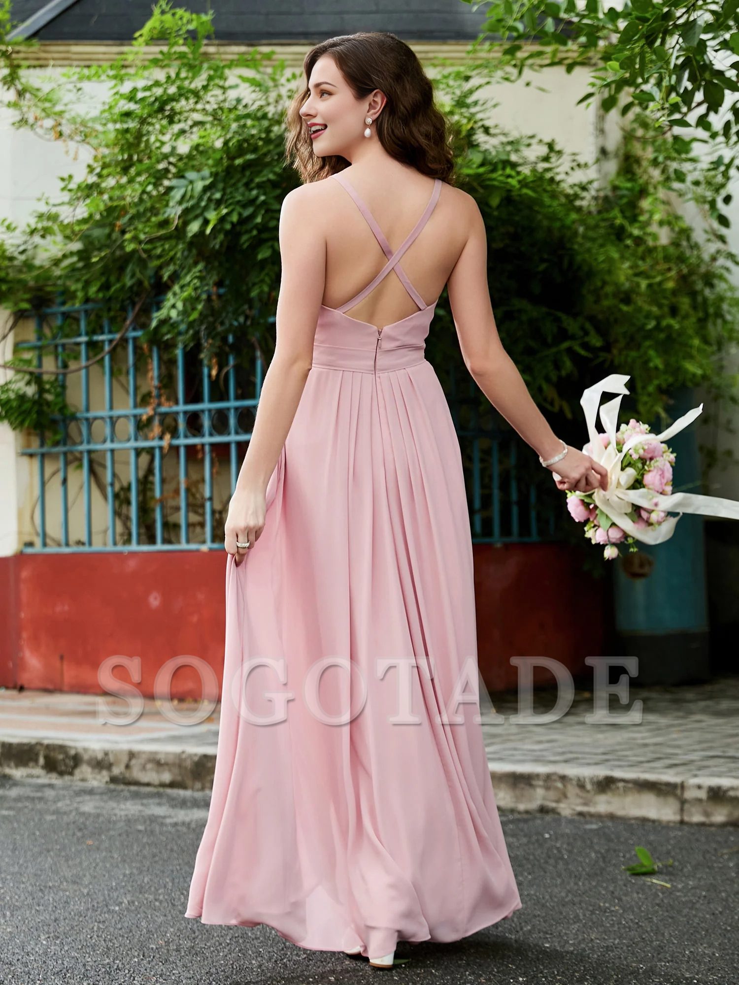 Lotus leaf edge sleeveless chiffon long bridesmaid dress