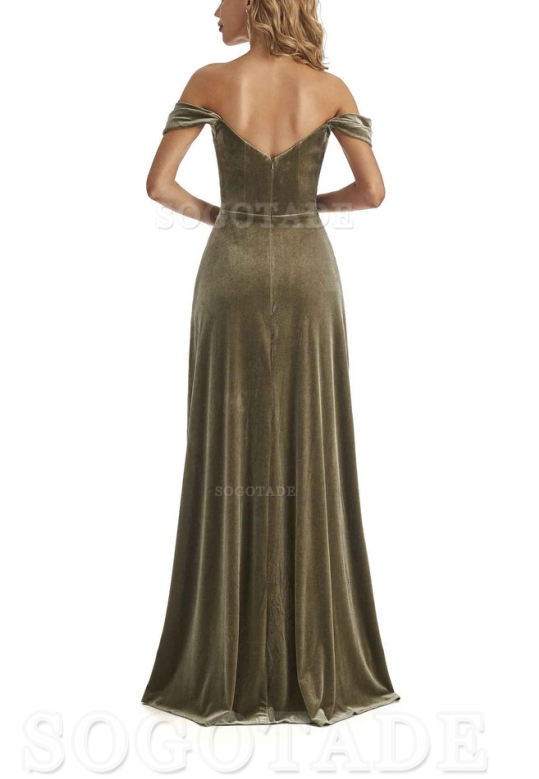 Elegant Mermaid Off The Shoulder Unique Velvet Side Slit Backless Long Bridesmaid Dresses Formal Wear Dresses