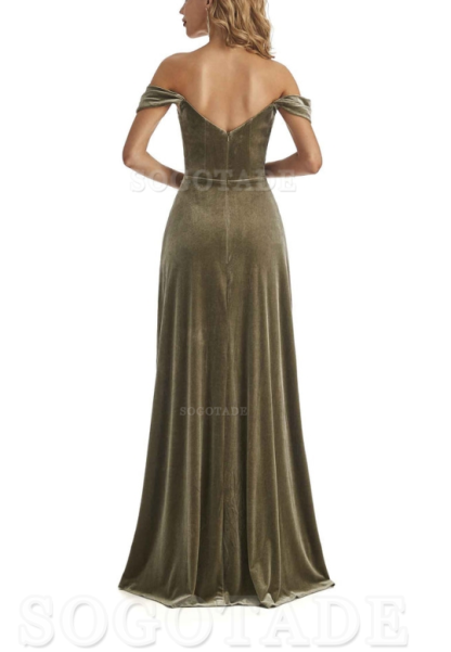 Elegant Mermaid Off The Shoulder Unique Velvet Side Slit Backless Long Bridesmaid Dresses Formal Wear Dresses