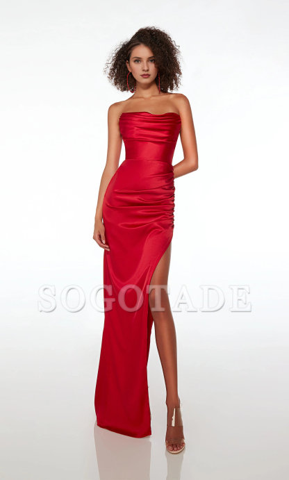 Satin strapless straight tube evening gown with a fitted side slit and long formal dress