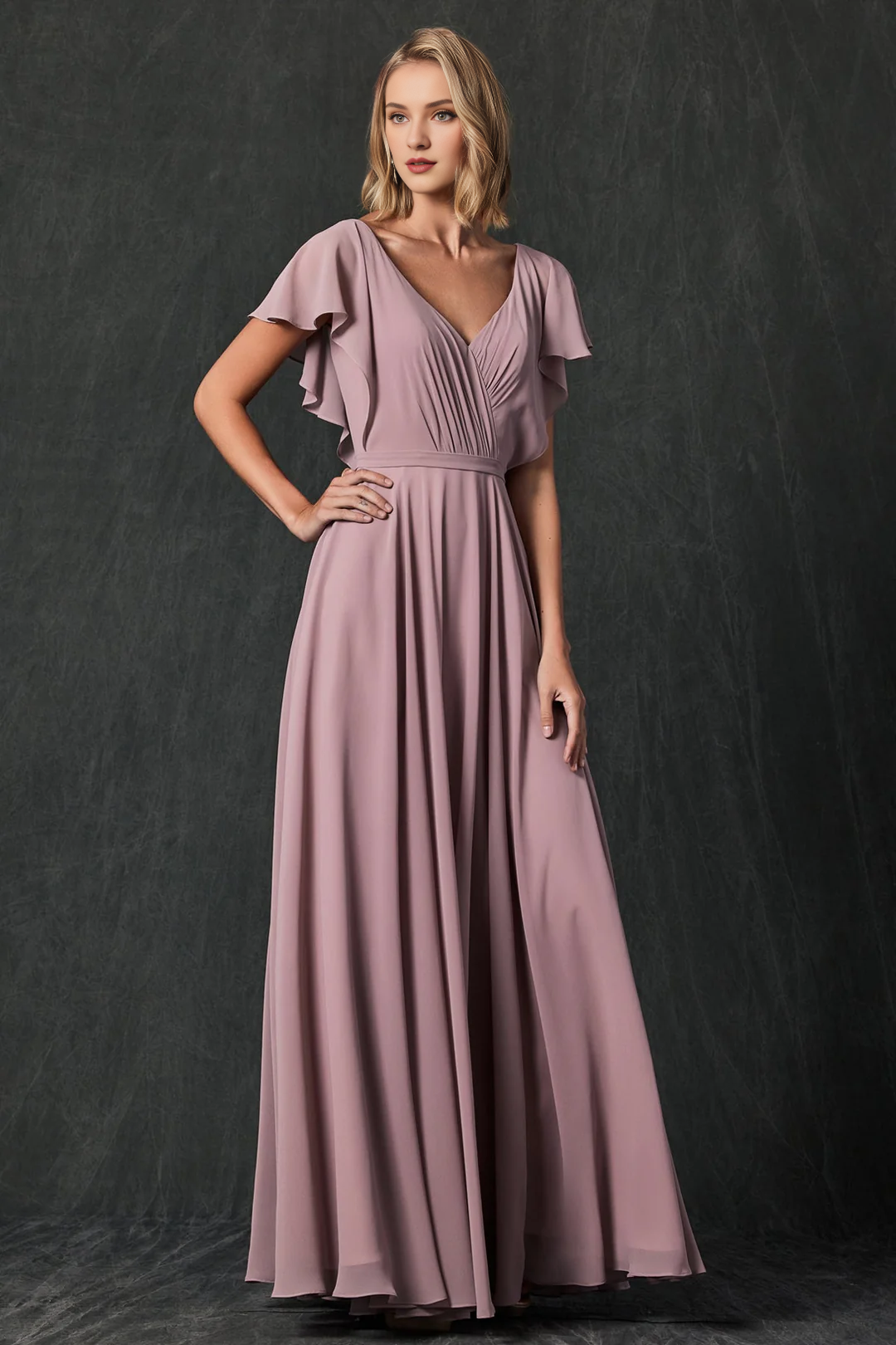 Stacked back transparent flowing sleeve chiffon dress