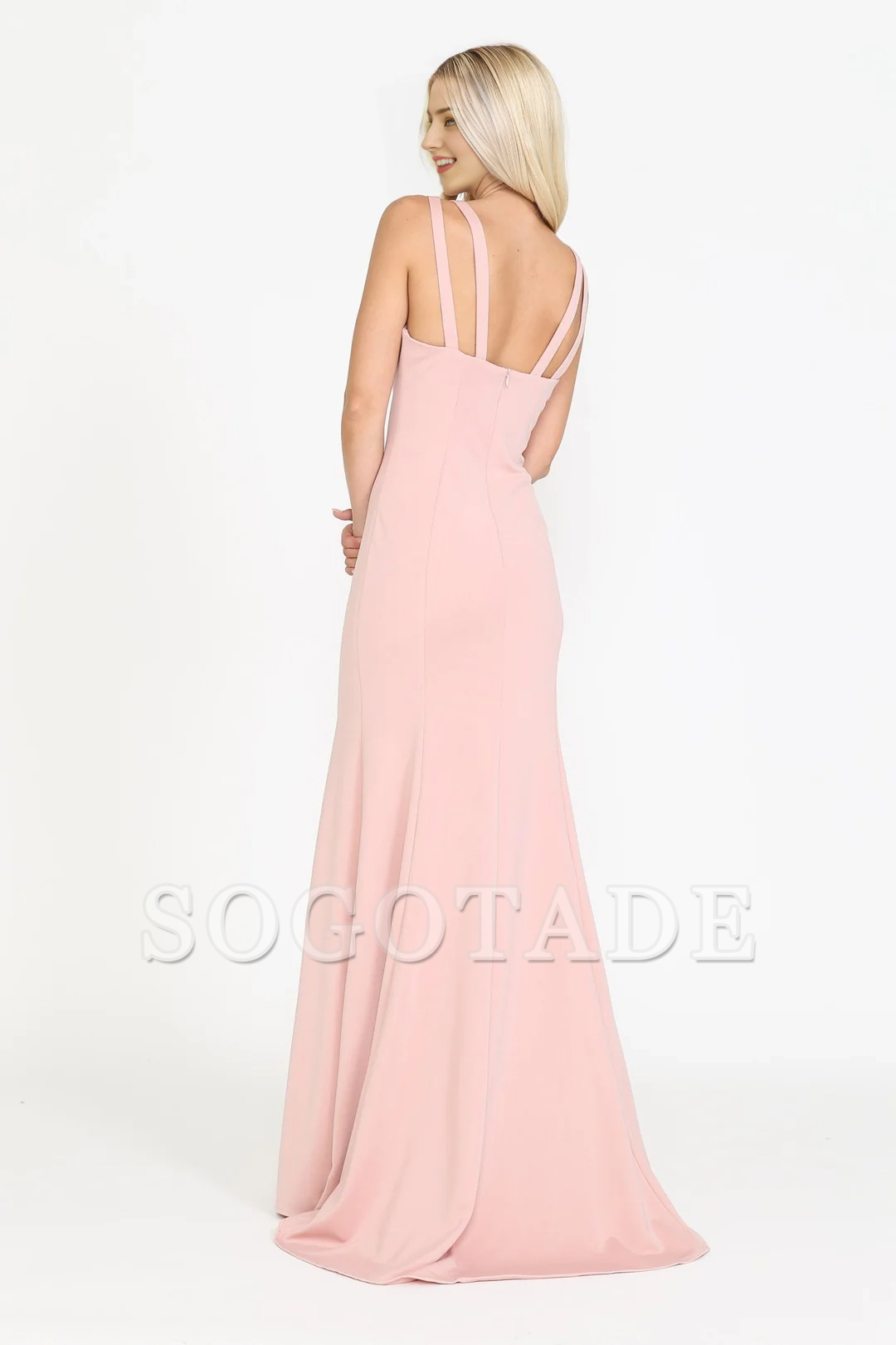 Fitted skirt V-neck plain knit long dress