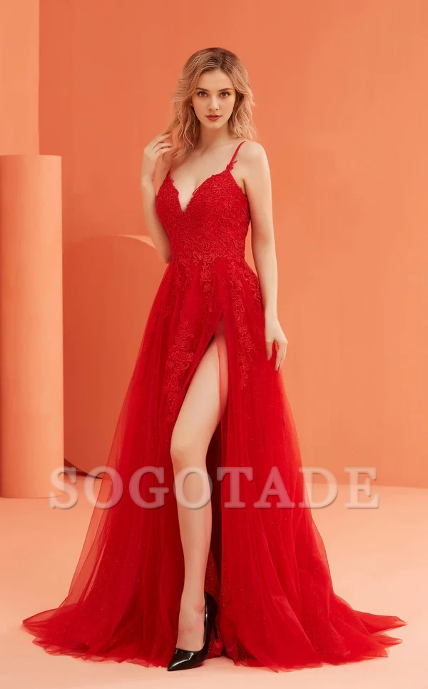 A-line deep V-neckline thin shoulder straps embroidered chiffon side slits and floor length Prom dress-SOGOTADE