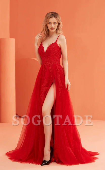 A-line deep V-neckline thin shoulder straps embroidered chiffon side slits and floor length Prom dress-SOGOTADE